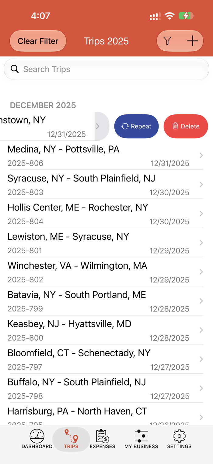 Trips list with swipe actions